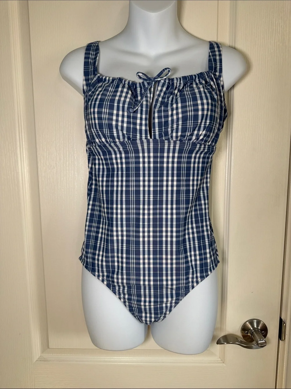 Kona Sol Blue Plaid One Piece Swimsuit Ruched Tie Front Size Medium